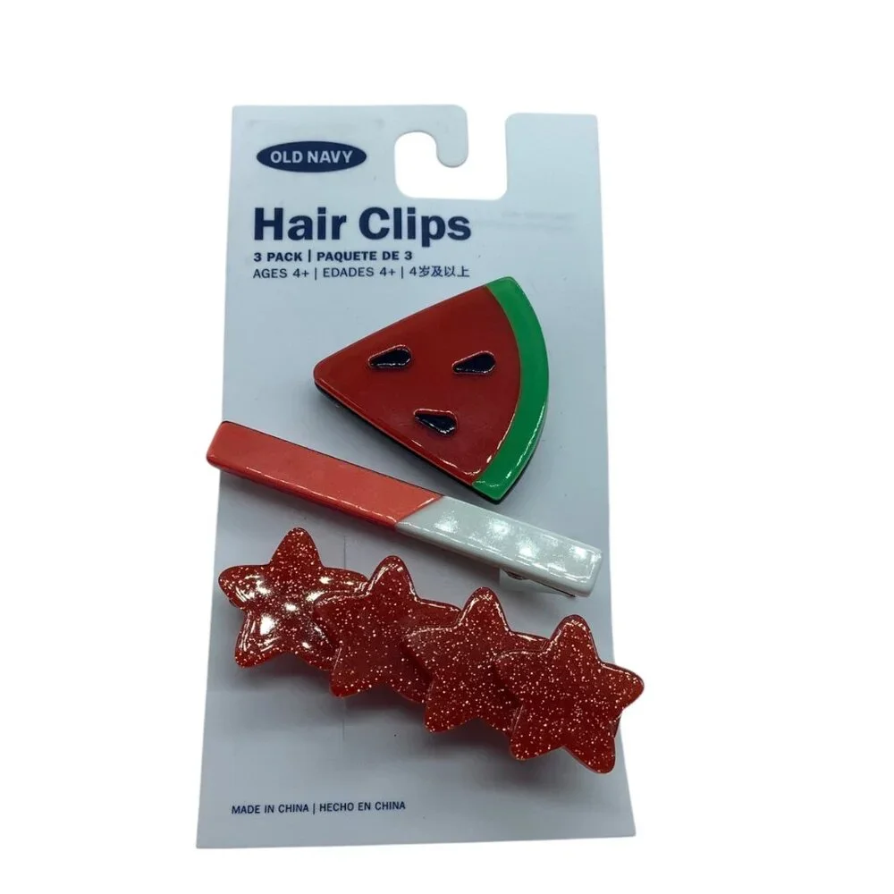Old Navy‎ Kids 3-Pack Hair Clips With Watermelon & Glitter Star Designs NEW